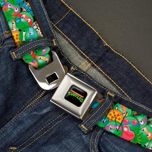 Buckle-Down Classic TMNT Logo Full Color Seatbelt Belt - Classic TMNT Turtle Expressions/Pizza/Turtle Shell Buttons Stacked Webbing