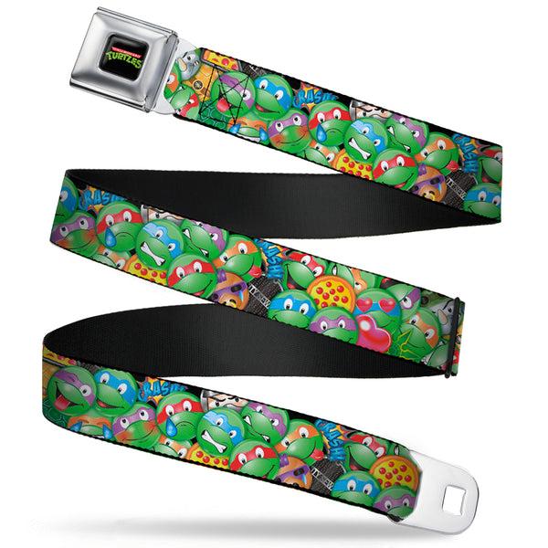 Buckle-Down Classic TMNT Logo Full Color Seatbelt Belt - Classic TMNT Turtle Expressions/Pizza/Turtle Shell Buttons Stacked Webbing
