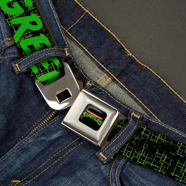 Buckle-Down Classic TMNT Logo Full Color Seatbelt Belt - Classic TMNT Group Pose6/KEEPING IT LEAN MEAN & GREEN Black/Green/White Webbing