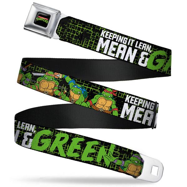 Buckle-Down Classic TMNT Logo Full Color Seatbelt Belt - Classic TMNT Group Pose6/KEEPING IT LEAN MEAN & GREEN Black/Green/White Webbing