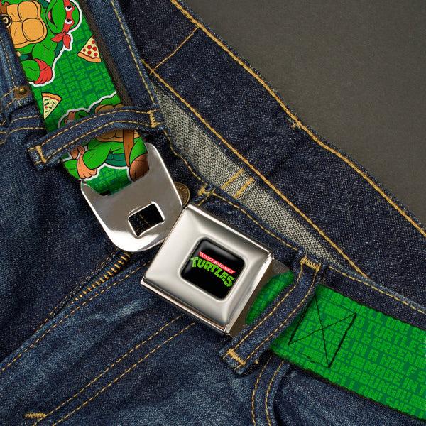 Buckle-Down Classic TMNT Logo Full Color Seatbelt Belt - I "HEART" TMNT/Classic Turtles & Pizza Green Webbing