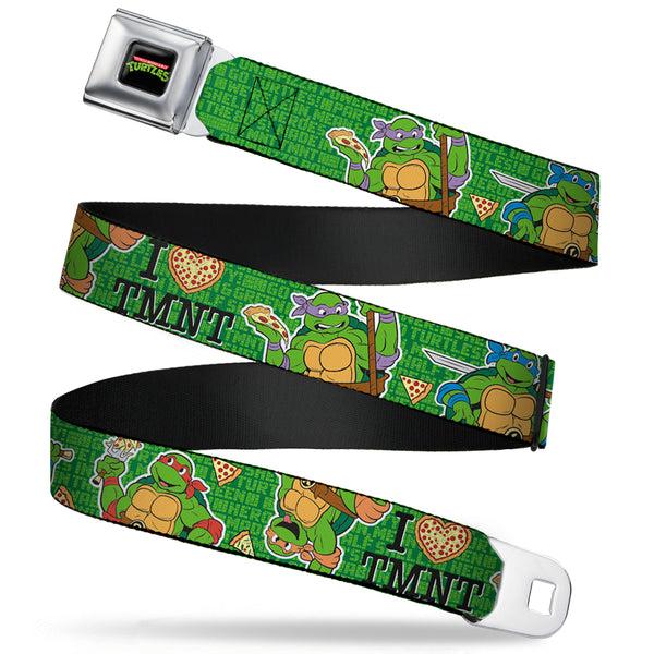 Buckle-Down Classic TMNT Logo Full Color Seatbelt Belt - I "HEART" TMNT/Classic Turtles & Pizza Green Webbing