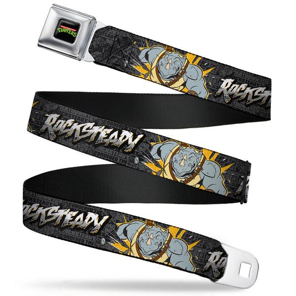 Buckle-Down Classic TMNT Logo Full Color Seatbelt Belt - ROCKSTEADY Break Through Pose/BEATDOWN Black/Grays/Gold Webbing