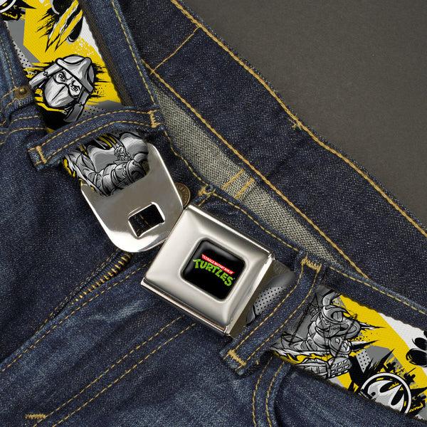 Buckle-Down Classic TMNT Logo Full Color Seatbelt Belt - Teenage Mutant Ninja Turtles Shredder Pose And Icons Grays/Yellow Webbing
