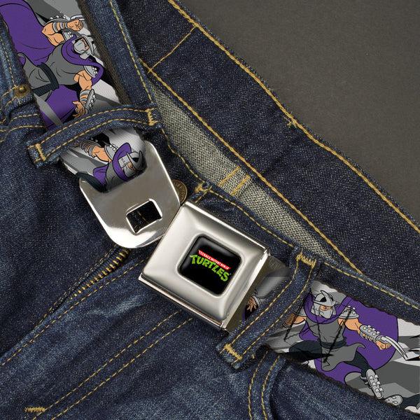 Buckle-Down Classic TMNT Logo Full Color Seatbelt Belt - Teenage Mutant Ninja Turtles Shredder Action Poses Grays/Purple Webbing