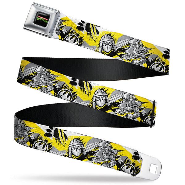 Buckle-Down Classic TMNT Logo Full Color Seatbelt Belt - Teenage Mutant Ninja Turtles Shredder Pose and Icons Grays/Yellow Webbing