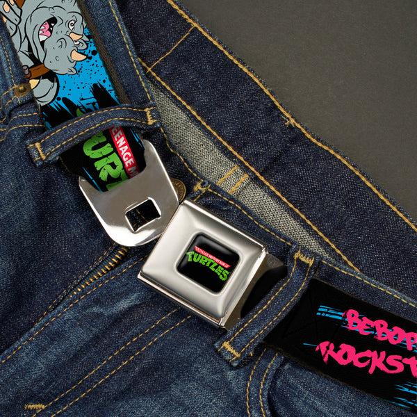 Buckle-Down Classic TMNT Logo Full Color Seatbelt Belt - TMNT BEBOP AND ROCKSTEADY Back-to-Back Pose Splatter Blue/Black/Pink Webbing