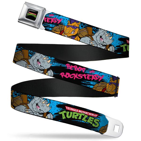 Buckle-Down Classic TMNT Logo Full Color Seatbelt Belt - TMNT BEBOP AND ROCKSTEADY Back-to-Back Pose Splatter Blue/Black/Pink Webbing