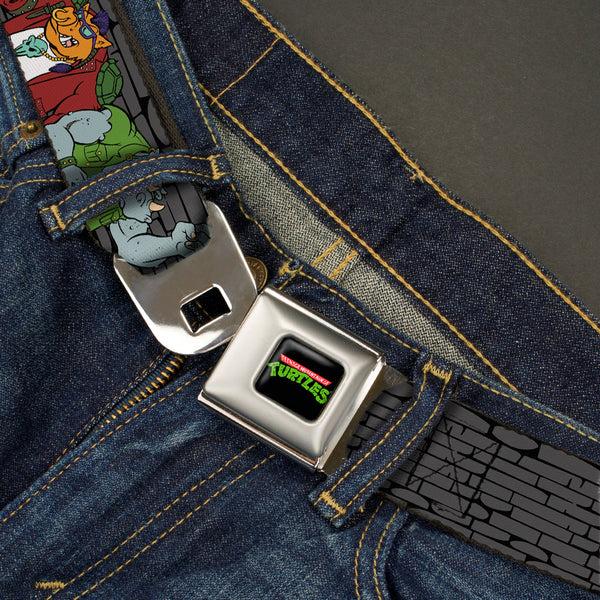 Buckle-Down Classic TMNT Logo Full Color Seatbelt Belt - TMNT Rocksteady & Bebop Poses Bricks Gray/Black Webbing