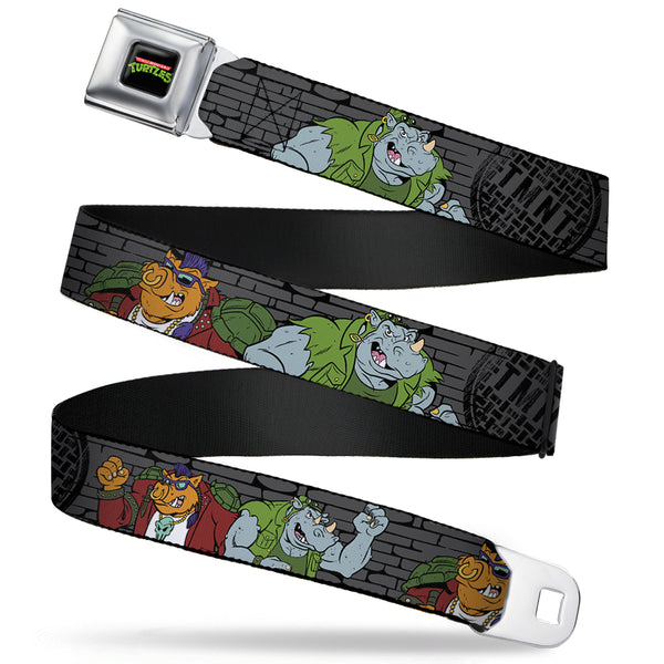 Buckle-Down Classic TMNT Logo Full Color Seatbelt Belt - TMNT Rocksteady & Bebop Poses Bricks Gray/Black Webbing