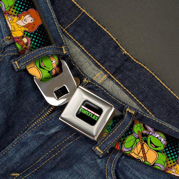 Buckle-Down Classic TMNT Logo2 Full Color Seatbelt Belt - Classic TMNT Logo2/Turtles & April Pose Halftone Multi Color/Black Webbing