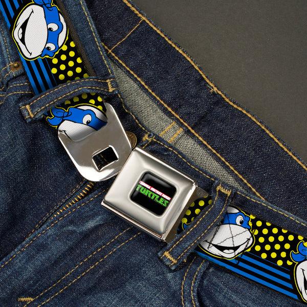 Buckle-Down Classic TMNT Logo2 Full Color Seatbelt Belt - Classic TMNT Leonardo Expression Dots/Stripes Black/Yellow/Blue/White Webbing