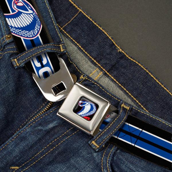 Buckle-Down Cobra Head Full Color Black Red Blue White Seatbelt Belt - COBRA JET/Cobra Head Stripe Black/White/Blue Webbing