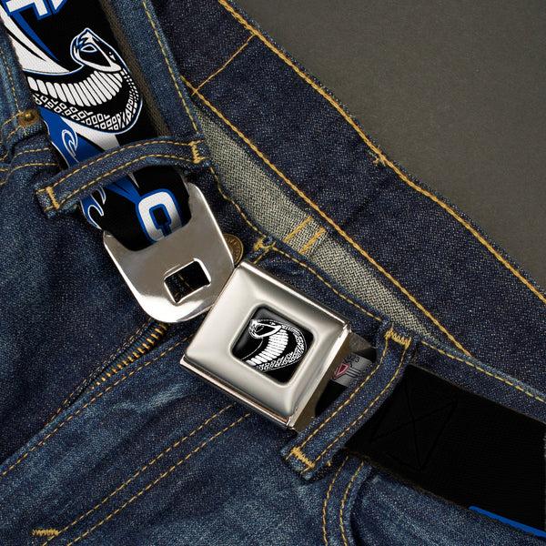 Buckle-Down Cobra Head Full Color Black White Seatbelt Belt - COBRA JET/Cobra Head Flame Black/Blue/White Webbing