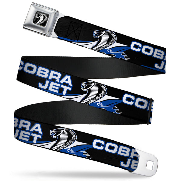 Buckle-Down Cobra Head Full Color Black White Seatbelt Belt - COBRA JET/Cobra Head Flame Black/Blue/White Webbing