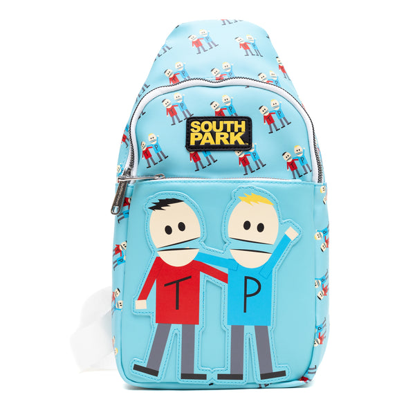 Buckle-Down Comedy Central Vegan Leather Crossbody Sling Bag South Park Terrance and Phillip Pose Applique Blue 7" x 14"