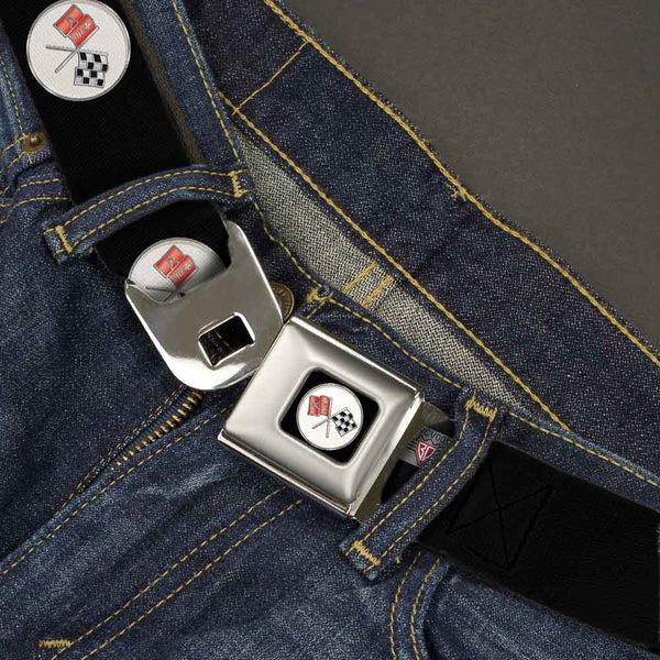 Buckle-Down Corvette C2 Flags Logo Full Color Black Seatbelt Belt - Corvette C2 Flags Logo Repeat Webbing