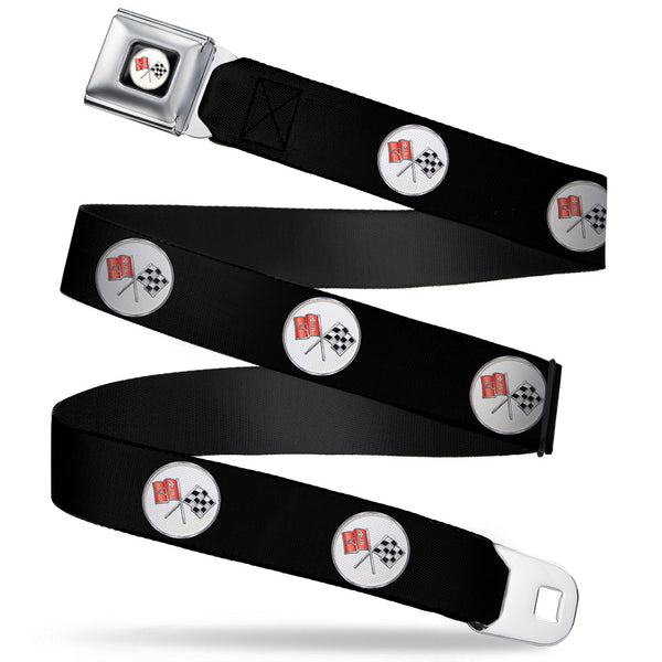 Buckle-Down Corvette C2 Flags Logo Full Color Black Seatbelt Belt - Corvette C2 Flags Logo Repeat Webbing