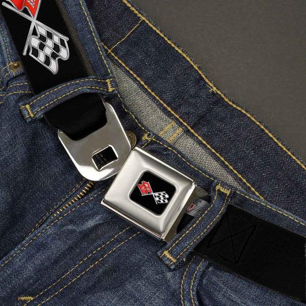 Buckle-Down Corvette C3 Crossed Flags Logo Full Color Black Seatbelt Belt - C3 Webbing