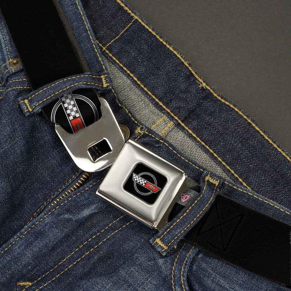 Buckle-Down Corvette C4 Checker Bowtie Logo Full Color Black Seatbelt Belt - C4 Webbing