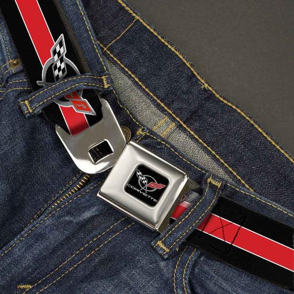 Buckle-Down CORVETTE C5 Logo Full Color Black Gray White Red Seatbelt Belt - CORVETTE C5 Logo/Stripe Black/White/Red/Gray Webbing