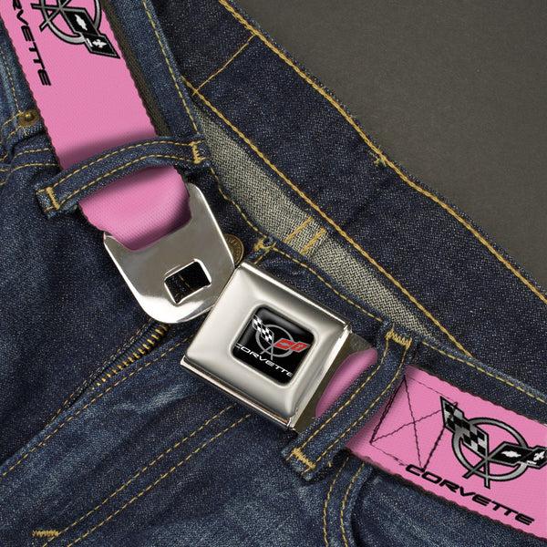Buckle-Down Corvette Seatbelt Belt - CORVETTE C5 Logo Repeat Pink/Black/Silvers Webbing