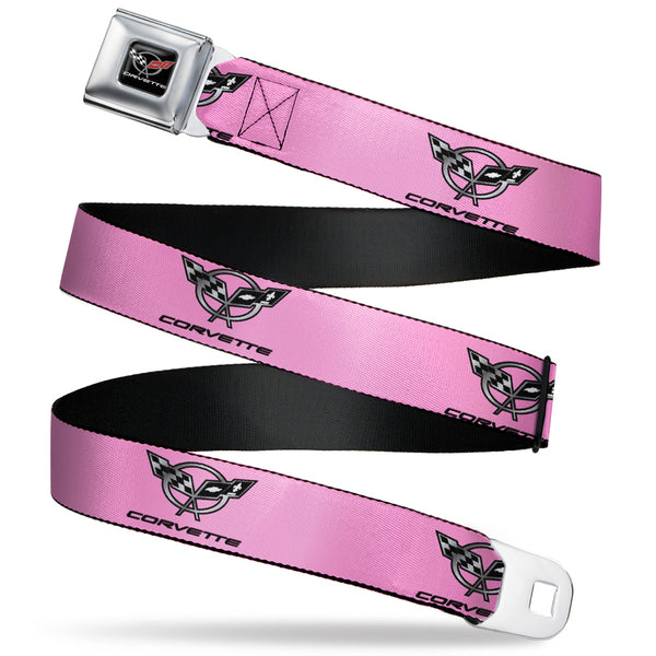 Buckle-Down Corvette Seatbelt Belt - CORVETTE C5 Logo Repeat Pink/Black/Silvers Webbing