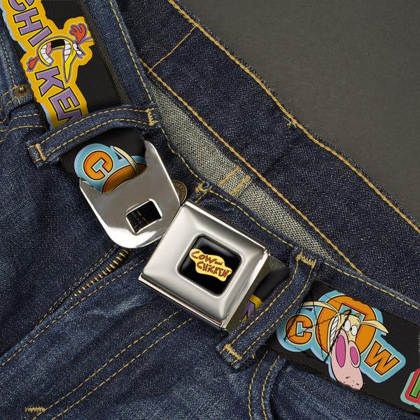 Buckle-Down COW AND CHICKEN Title Logo Full Color Black Seatbelt Belt - COW AND CHICKEN Title Logo And Poses With RED GUY Black Webbing