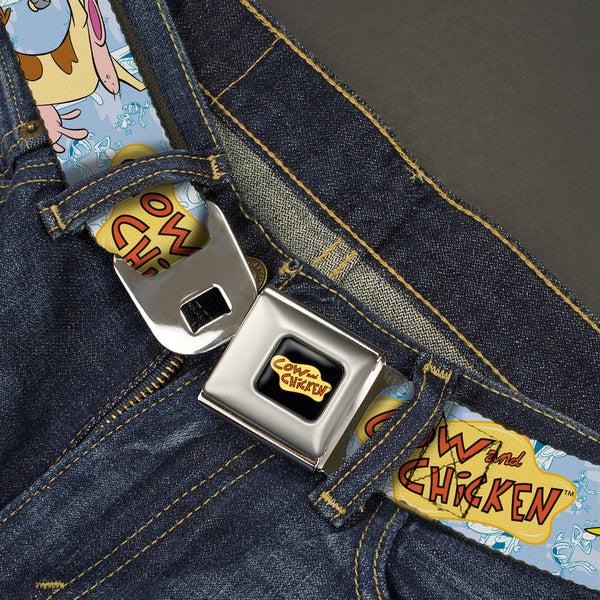 Buckle-Down COW AND CHICKEN Title Logo Full Color Black Seatbelt Belt - COW AND CHICKEN Title Logo And Character Poses Blues Webbing