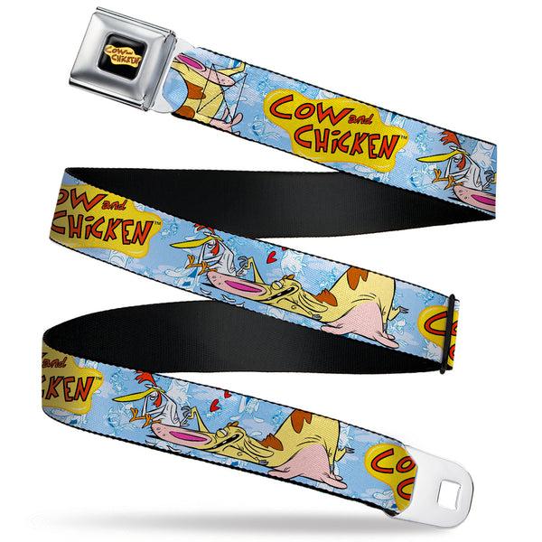Buckle-Down COW AND CHICKEN Title Logo Full Color Black Seatbelt Belt - COW AND CHICKEN Title Logo and Character Poses Blues Webbing