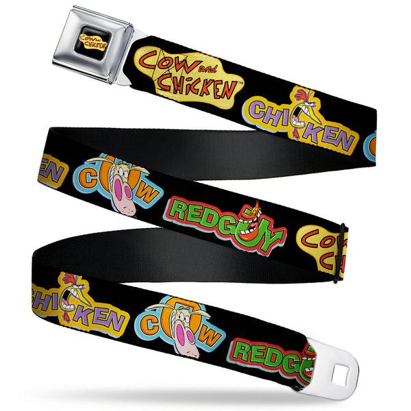 Buckle-Down COW AND CHICKEN Title Logo Full Color Black Seatbelt Belt - COW AND CHICKEN Title Logo and Poses with RED GUY Black Webbing