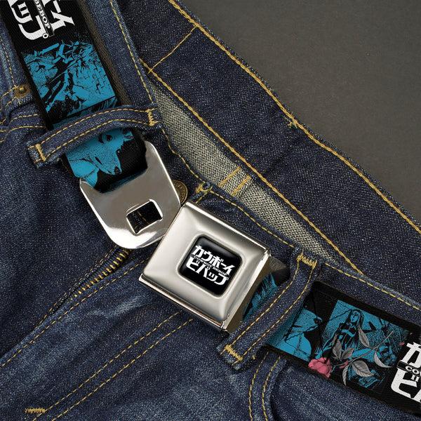 Buckle-Down COWBOY BEBOP Title Logo Full Color Black/White Seatbelt Belt - COWBOY BEBOP Title Logo And Character Blocks Black/Blues Webbing