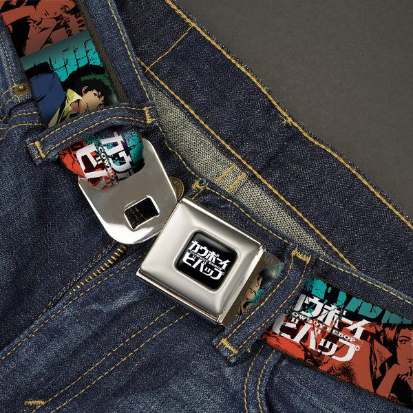 Buckle-Down COWBOY BEBOP Title Logo Full Color Black/White Seatbelt Belt - COWBOY BEBOP Spike And Faye Brick Pose And Title Logo Blues/Reds Webbing