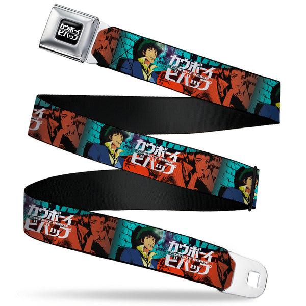 Buckle-Down COWBOY BEBOP Title Logo Full Color Black/White Seatbelt Belt - COWBOY BEBOP Spike and Faye Brick Pose and Title Logo Blues/Reds Webbing