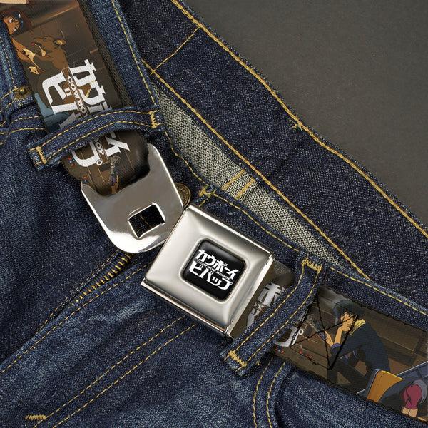 Buckle-Down COWBOY BEBOP Title Logo Full Color Black/White Seatbelt Belt - COWBOY BEBOP Jet Black And Crew Bonsai Tree Scene And Title Logo Webbing