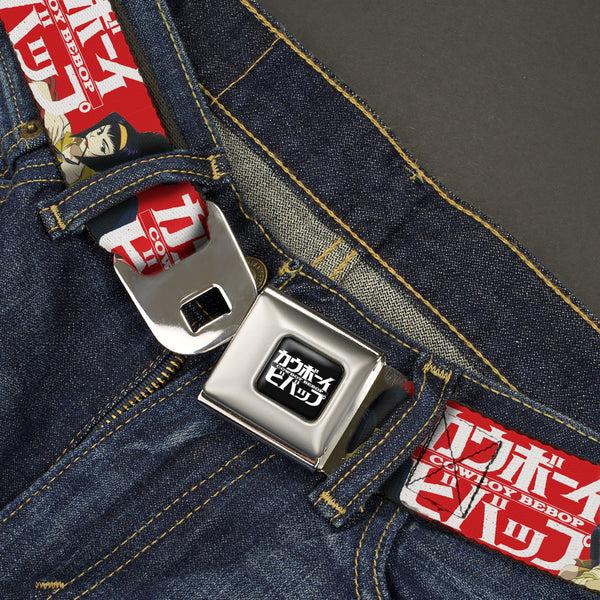 Buckle-Down COWBOY BEBOP Title Logo Full Color Black/White Seatbelt Belt - COWBOY BEBOP Spike And Faye Back To Back Pose And Title Logo Red/White Webbing
