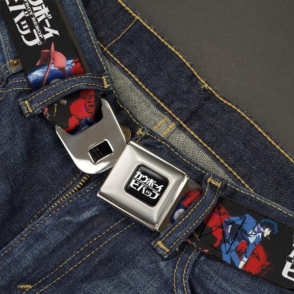 Buckle-Down COWBOY BEBOP Title Logo Full Color Black/White Seatbelt Belt - COWBOY BEBOP Spike Pose And Crew Collage And Title Logo Black Webbing