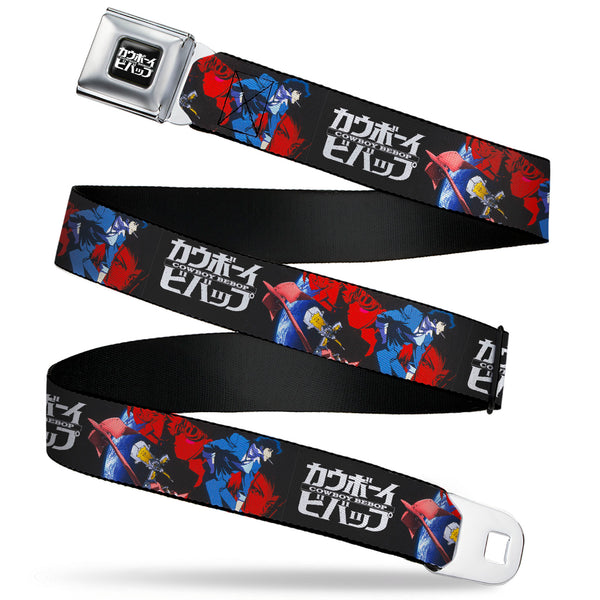 Buckle-Down COWBOY BEBOP Title Logo Full Color Black/White Seatbelt Belt - COWBOY BEBOP Spike Pose and Crew Collage and Title Logo Black Webbing