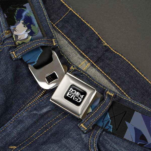 Buckle-Down COWBOY BEBOP Title Logo Full Color Black/White Seatbelt Belt - COWBOY BEBOP Spike Vicious And Faye Pose And Title Logo Blues/Yellow Webbing