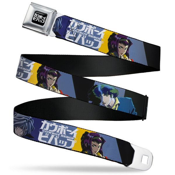 Buckle-Down COWBOY BEBOP Title Logo Full Color Black/White Seatbelt Belt - COWBOY BEBOP Spike Vicious and Faye Pose and Title Logo Blues/Yellow Webbing