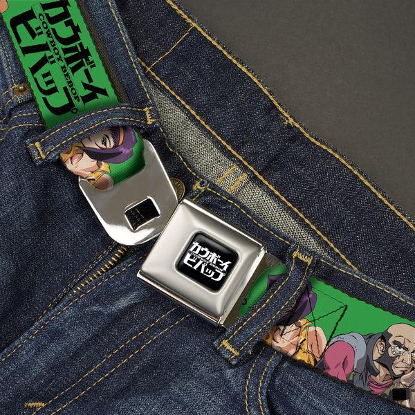 Buckle-Down COWBOY BEBOP Title Logo Full Color Black/White Seatbelt Belt - COWBOY BEBOP Crew Group Pose And Title Logo Green/Black Webbing