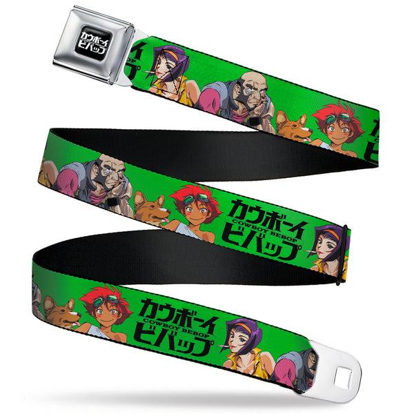 Buckle-Down COWBOY BEBOP Title Logo Full Color Black/White Seatbelt Belt - COWBOY BEBOP Crew Group Pose and Title Logo Green/Black Webbing