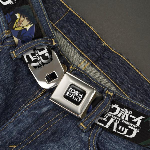 Buckle-Down COWBOY BEBOP Title Logo Full Color Black/White Seatbelt Belt - COWBOY BEBOP Spike And Vicious Pose And Title Logo Black/Blues Webbing