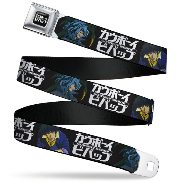 Buckle-Down COWBOY BEBOP Title Logo Full Color Black/White Seatbelt Belt - COWBOY BEBOP Spike and Vicious Pose and Title Logo Black/Blues Webbing