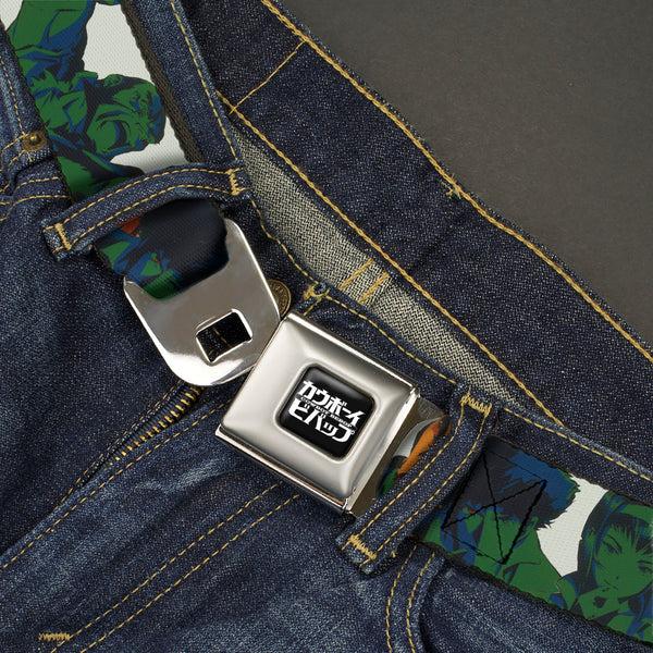 Buckle-Down COWBOY BEBOP Title Logo Full Color Black/White Seatbelt Belt - COWBOY BEBOP Crew Group Pose And Title Logo White/Black/Greens Webbing