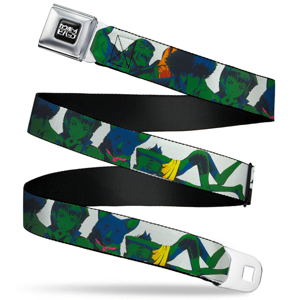 Buckle-Down COWBOY BEBOP Title Logo Full Color Black/White Seatbelt Belt - COWBOY BEBOP Crew Group Pose and Title Logo White/Black/Greens Webbing