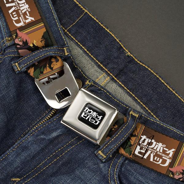 Buckle-Down COWBOY BEBOP Title Logo Full Color Black/White Seatbelt Belt - COWBOY BEBOP Crew Group Pose And Title Logo Blocks Webbing