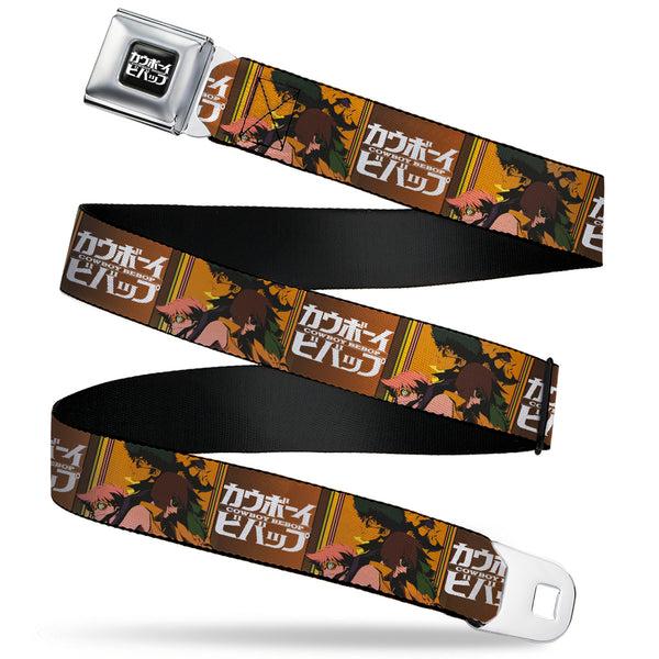 Buckle-Down COWBOY BEBOP Title Logo Full Color Black/White Seatbelt Belt - COWBOY BEBOP Crew Group Pose and Title Logo Blocks Webbing