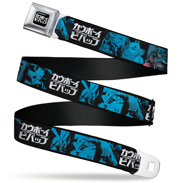 Buckle-Down COWBOY BEBOP Title Logo Full Color Black/White Seatbelt Belt - COWBOY BEBOP Title Logo And Character Blocks Black/Blues Webbing