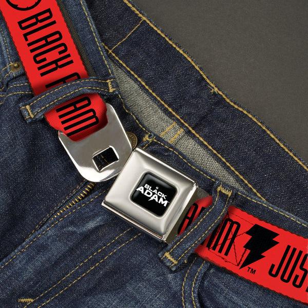 Buckle-Down DC BLACK ADAM Title Logo Full Color Black/White Seatbelt Belt - Black Adam JUSTICE SOCIETY Icons And Text Red/Black Webbing